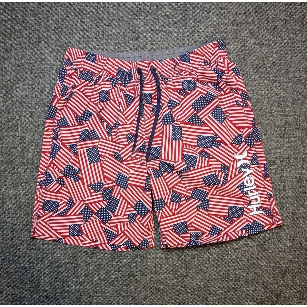 Hurley Phantom USA Flag Logo Board Shorts Mens Red White Blue American M Trunks